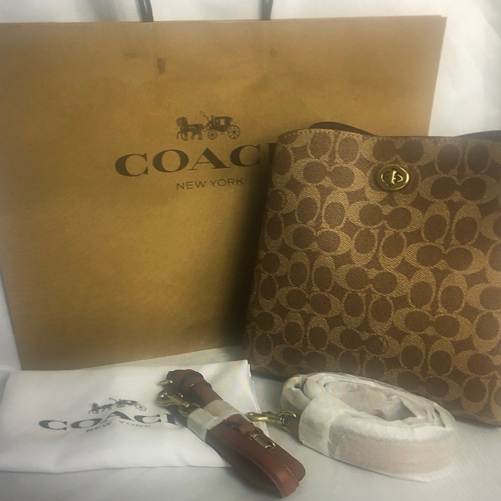 Coach Tan and Brown Signature Shoulder Bag